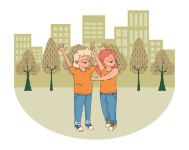 Gençler arkadaşlar gülümseyen ve eğlenceli karikatür sahip