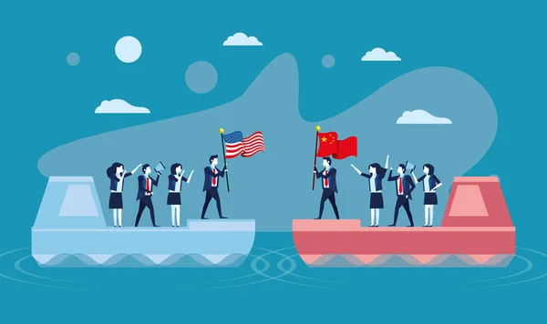 Navires marchands avec hommes d'affaires et drapeaux usa et china — Image vectorielle