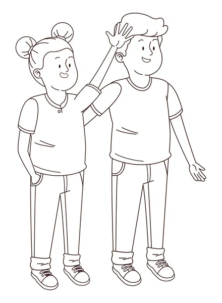 Adolescentes amigos sorrindo e se divertindo desenhos animados em preto e branco —  Vetores de Stock