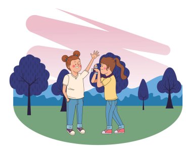 Gençler arkadaşlar gülümseyen ve eğlenceli karikatür sahip