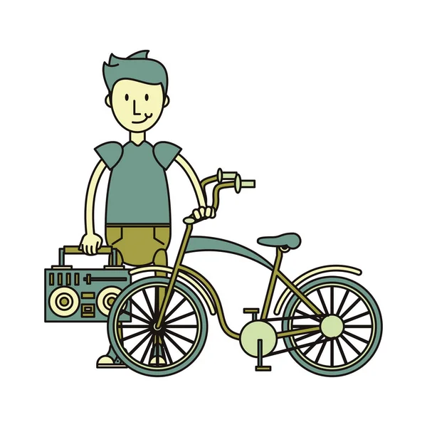 Oldtimer-Fahrrad und Hipster-Junge — Stockvektor