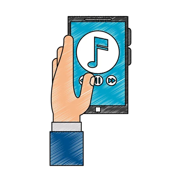 Mão segurando smartphone com música scribble — Vetor de Stock