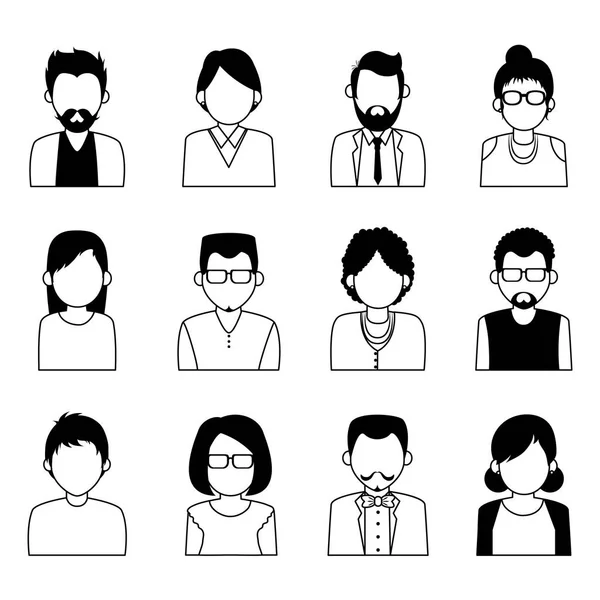 Set of people faceless characters icons in black and white — Stock Vector