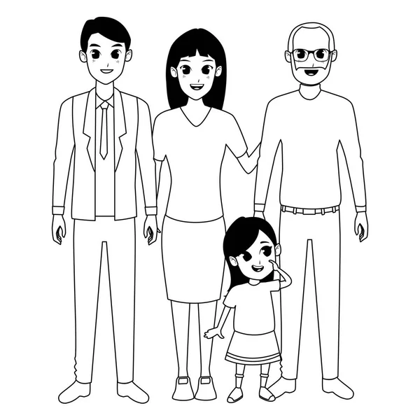 Família pais e crianças desenhos animados em preto e branco —  Vetores de Stock