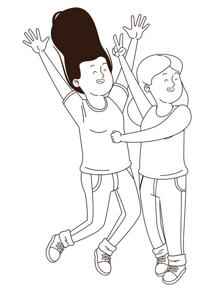 Adolescentes amigos sonriendo y divertirse dibujos animados en blanco y negro — Vector de stock