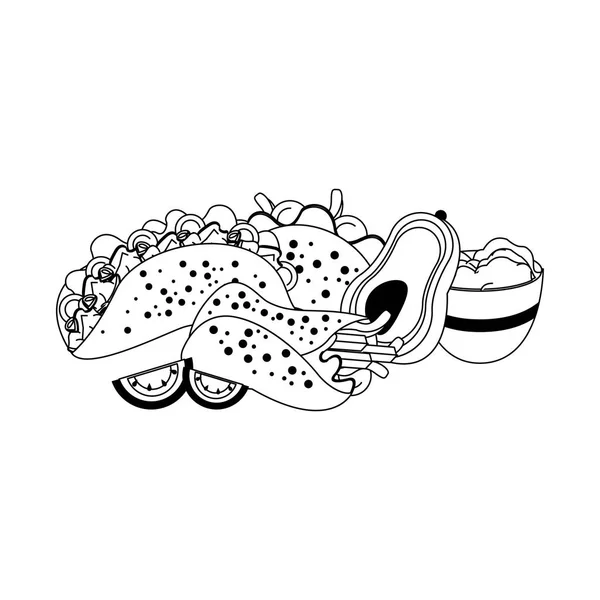Cultura mexico e alimentos desenhos animados em preto e branco — Vetor de Stock