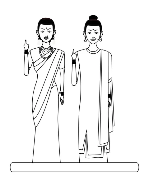 Indiska kvinnor avatar tecknad figur i svart och vitt — Stock vektor