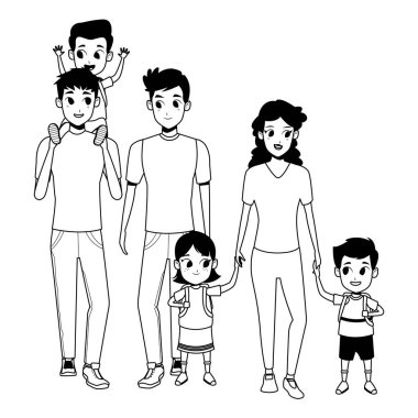 Siyah beyaz çocuklu aile genç ebeveynler karikatür