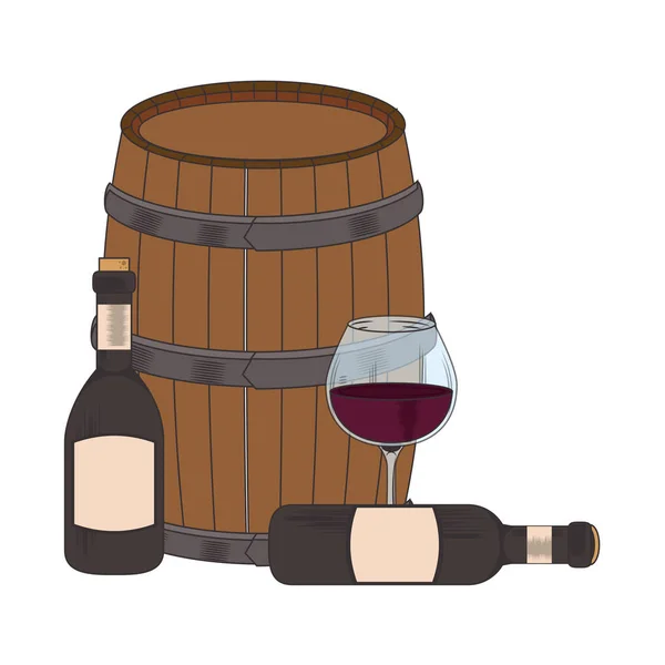 Bouteilles de vin et conception de baril en bois — Image vectorielle