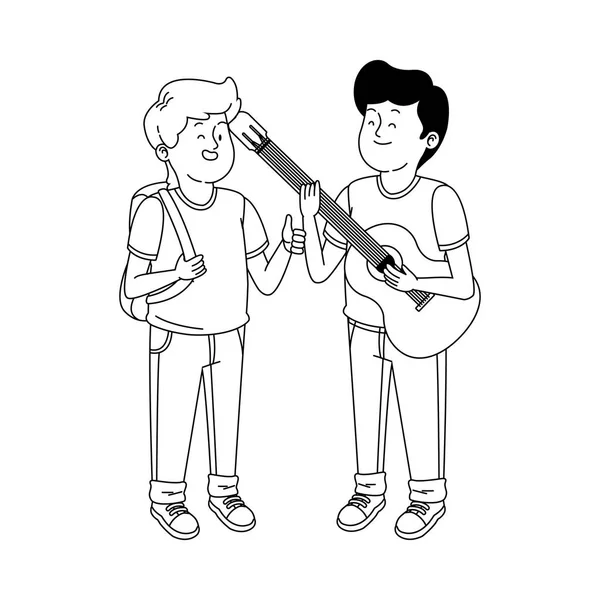 Подростки друзья с гитарой, плоский дизайн — стоковый вектор