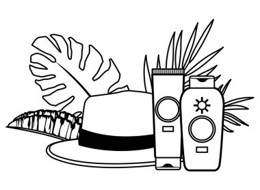 Güneş bronzlaştırıcı ve siyah beyaz tropikal yapraklı yaz şapkası.