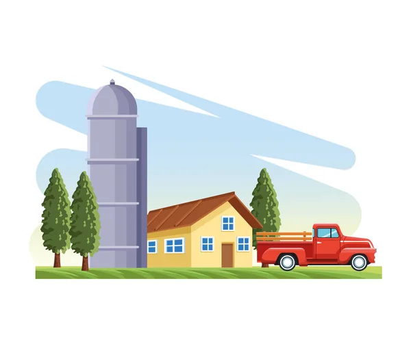 Jordbruk hus silo lager pickup lastbil träd — Stock vektor