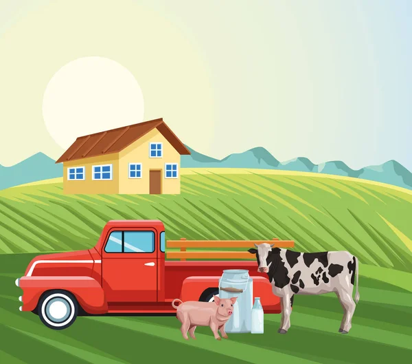 Farming house pickup tractor cow pig milk canister field landscape — ストックベクタ