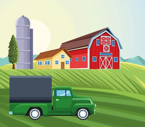 Agricultura silo armazém pickup caminhão casa celeiro campo — Vetor de Stock