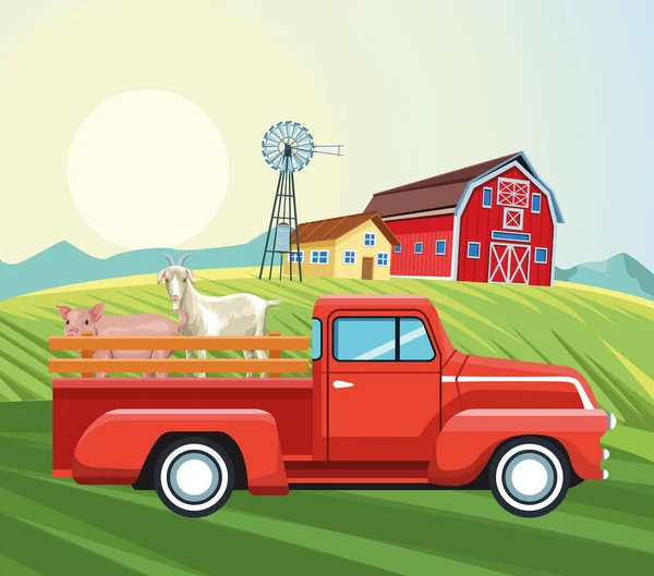 Mezőgazdasági pajta ház szélmalom pickup kecske és sertésföld — Stock Vector