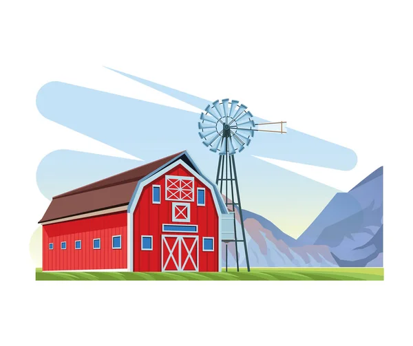 Pertanian gudang dan kincir angin lanskap pegunungan - Stok Vektor
