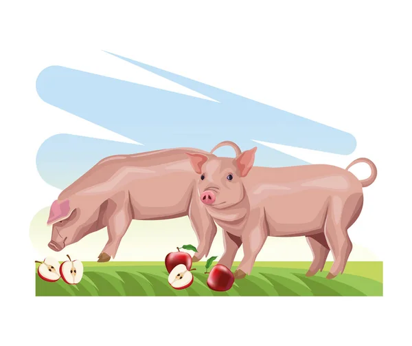 Schweine fressen frische Äpfel im Gras — Stockvektor