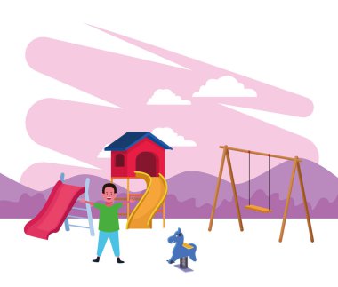 Çocuklar bölgesi, kaygan salıncaklı ve bahar atı bahçeli mutlu çocuk.