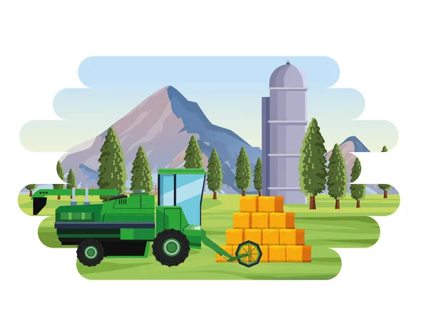 Agricoltura agricoltura combinatore fieno balle silo e alberi paesaggio — Vettoriale Stock