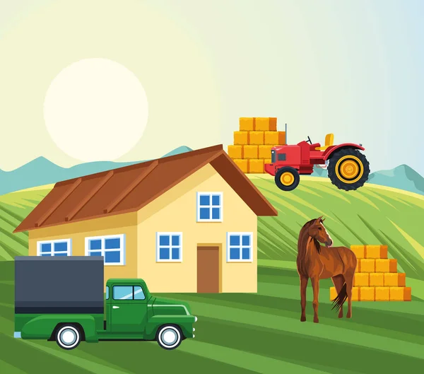 Granja casa camión tractor caballo fardos de heno — Vector de stock