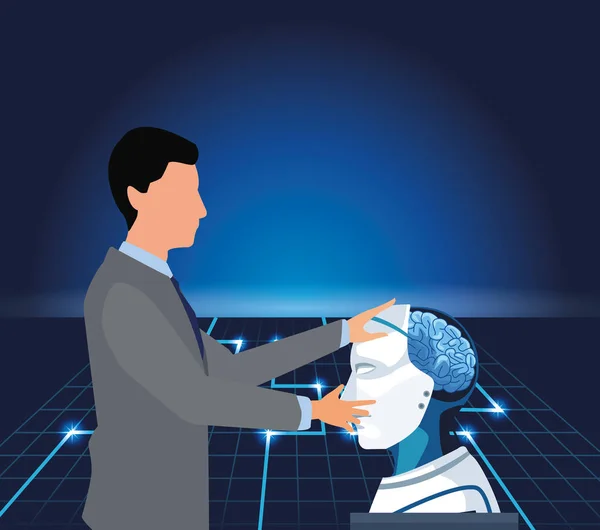 İnsan beynine sahip yapay zeka teknolojisi insan ve sayborg. — Stok Vektör