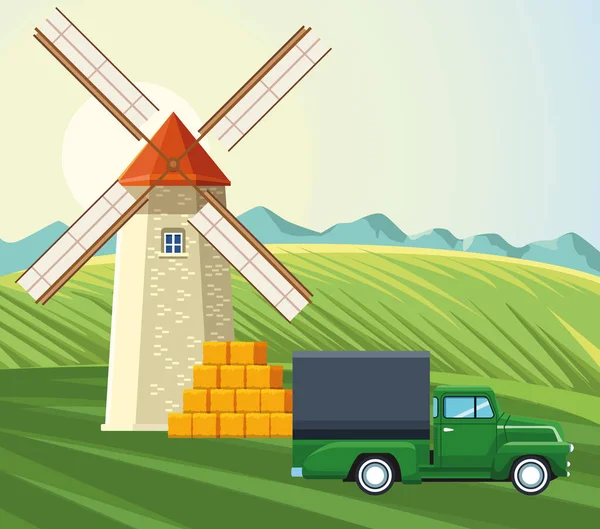 Farming windmill truck hay bales in the grass — 스톡 벡터