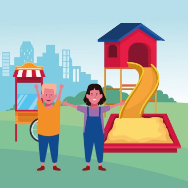 Çocuk bölgesi, mutlu erkek ve kız kaydırak kum havuzu ve yemek kabini oyun alanı