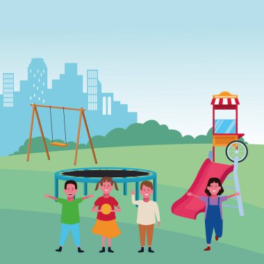 Çocuklar bölgesi, mutlu erkekler ve kızlar salıncaklı trambolin yemek kabini oyun parkı