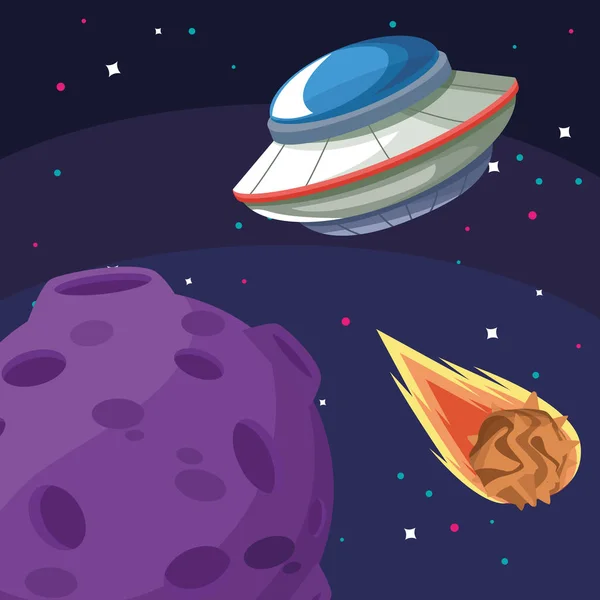 Ufo moon and falling asteroid space exploration — 스톡 벡터