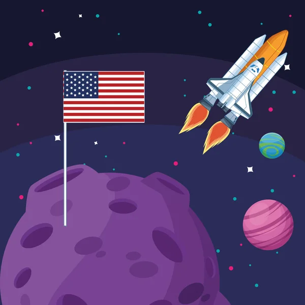 Nave espacial bandeira americana no espaço planetas lua — Vetor de Stock