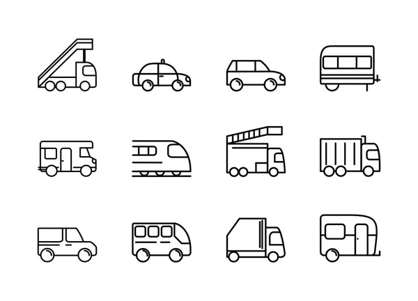 Ícones de design linear de veículo de transporte — Vetor de Stock