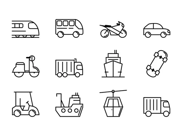 Ícones de design linear de veículo de transporte — Vetor de Stock