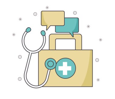 Konuşma baloncukları ve steteskoplu ilk yardım çantası, renkli tasarım