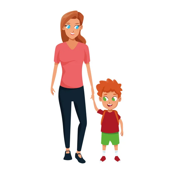 Femme heureuse avec son fils debout, design coloré — Image vectorielle