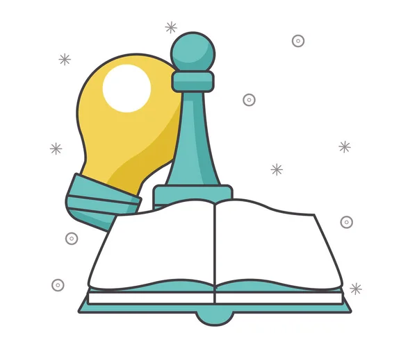 Βιβλίο, σκάκι κομμάτι και λάμπα φως, πολύχρωμο σχεδιασμό — Διανυσματικό Αρχείο