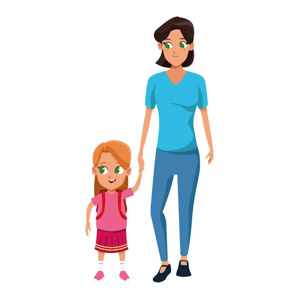 Šťastná žena se svou dcerou stojící, barevný design — Stockový vektor
