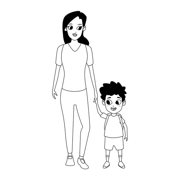 Mujer feliz con su hijo de pie, diseño plano — Archivo Imágenes Vectoriales