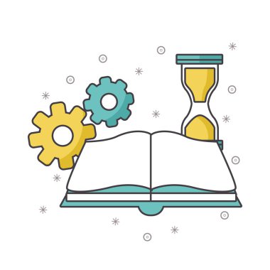 Dişliler ve kum saati olan renkli tasarım kitabı.