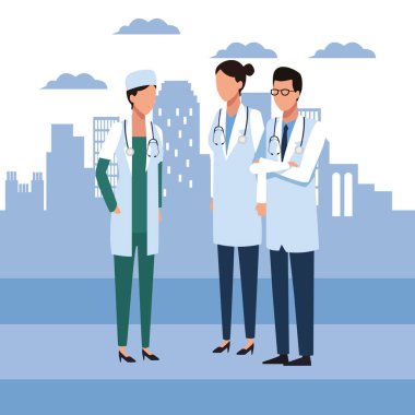 Ayakta duran bir grup doktor, renkli tasarım.