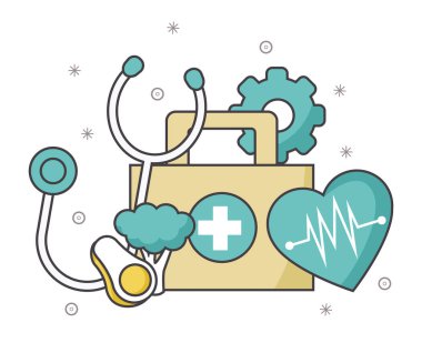 Stetoskop ve kardiyo kalbi olan ilk yardım çantası, renkli tasarım.