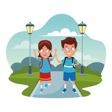 Parktaki mutlu çocuk ve kız, renkli tasarım.