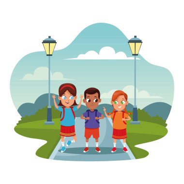 Parktaki mutlu çocuklar sokak lambaları ve beyaz arka plan