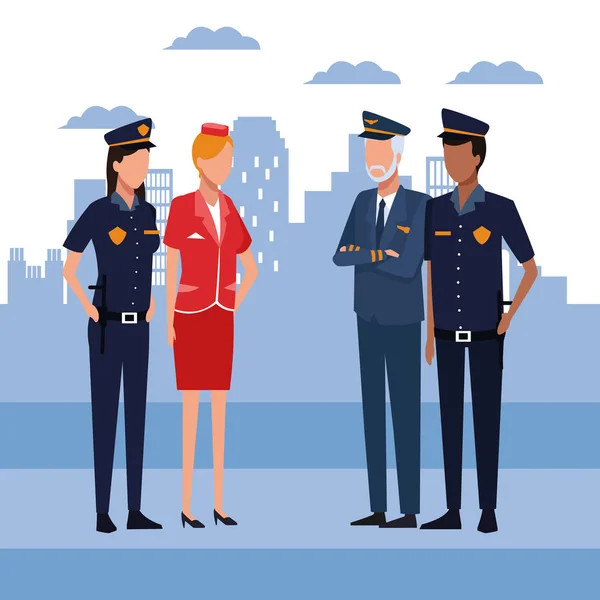 Police couple with pilot and stewardess standing — Stock Vector