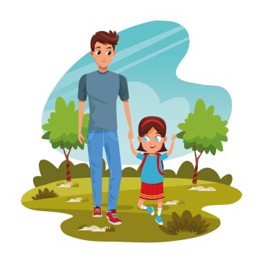 Parkta kızıyla birlikte mutlu bir adam, renkli bir tasarım.