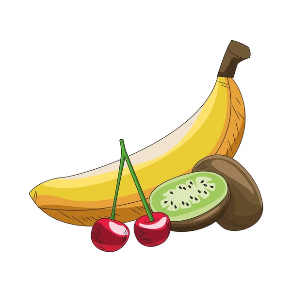 Kiwi, wiśnie i ikona banana, płaskie desgin — Wektor stockowy