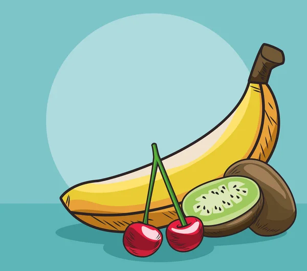 Μπανάνα ακτινίδιο και κεράσι φρέσκα φρούτα υγιεινής διατροφής — Διανυσματικό Αρχείο