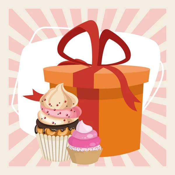 お誕生日お祝いパーティーギフトボックスカップケーキデザート — ストックベクタ