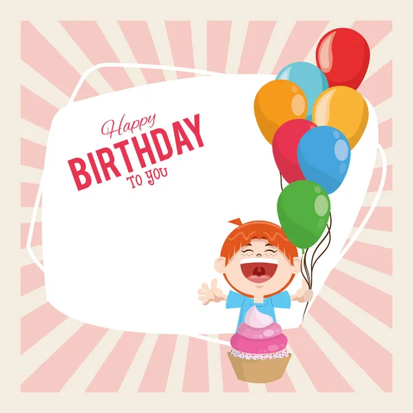 Feliz cumpleaños celebración fiesta lindo chico con globos y cupcake — Vector de stock