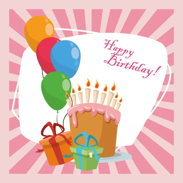 Festa feliz aniversário festa doce bolo presentes balões — Vetor de Stock