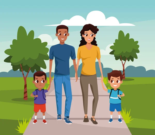 Boldog család fiúkkal sétálni a parkban — Stock Vector